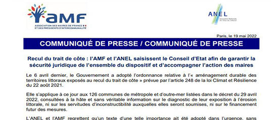 Communiqué de presse : Recul du trait de côte : l’ANEL et l’AMF saisissent le Conseil d’Etat